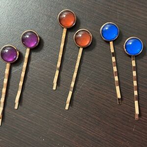 Colorful Glass Cabochon Bobby Pins - Purple, Amber, Blue (Set of 6)